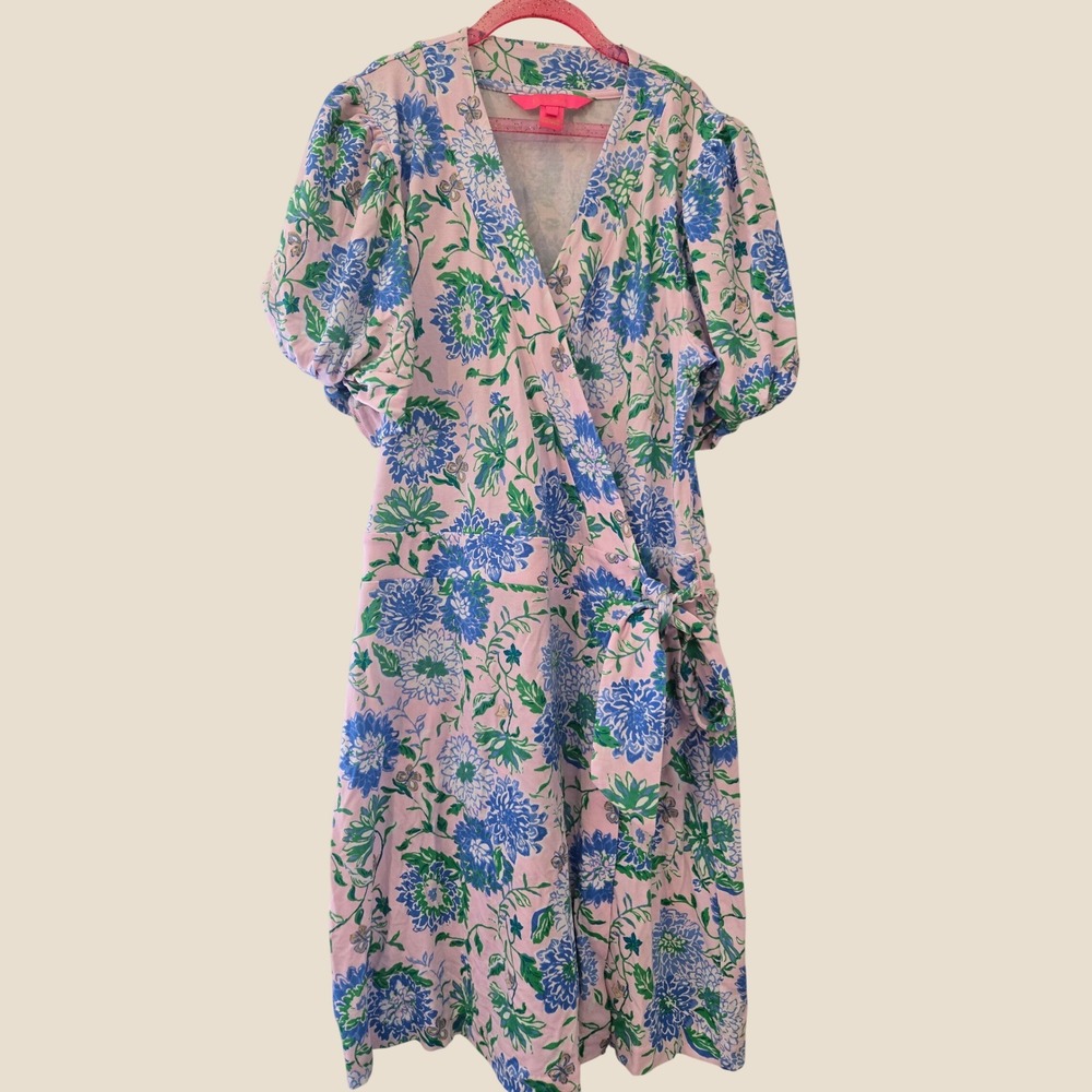 Lilly Pulitzer Pink‎ Blue Floral Puff Sleeve Wrap Dress Small V-Neck Small